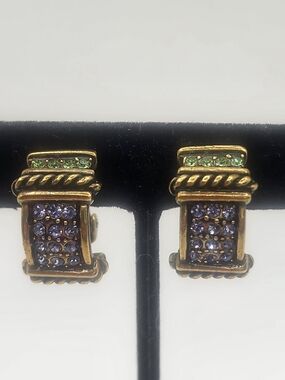 Heidi Daus Gold-Tone Clip Earrings with Purple and Green Crystals